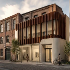 Contemporary civic gallery extension integrated into an existing brick streetscape as a Twinmotion 2026.1 photo-matching example