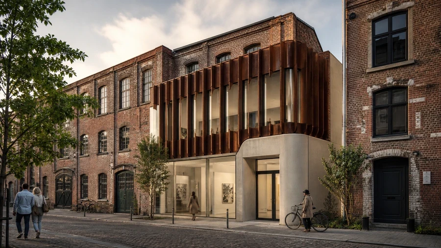 Contemporary civic gallery extension integrated into an existing brick streetscape as a Twinmotion 2026.1 photo-matching example