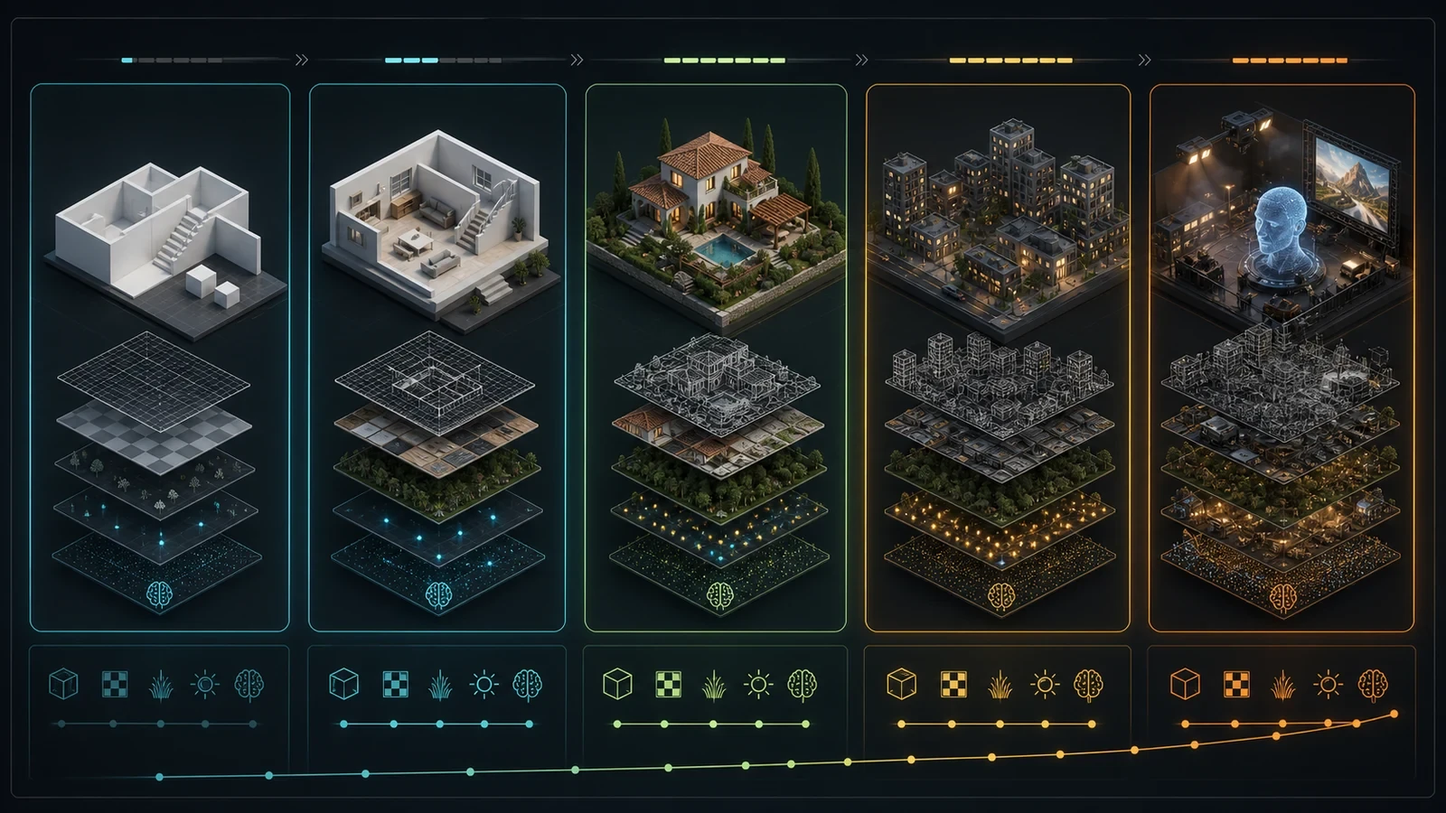 Five architectural scene complexity levels illustrating increasing GPU VRAM demand