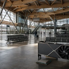 Complex intercity rail terminal and professional GPU representing a heavy V-Ray 7 architectural rendering workload