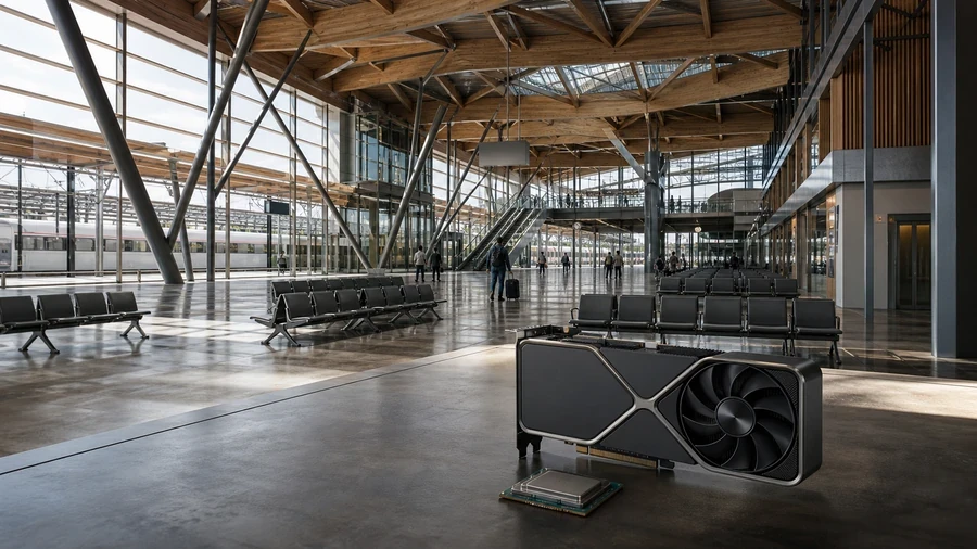 Complex intercity rail terminal and professional GPU representing a heavy V-Ray 7 architectural rendering workload