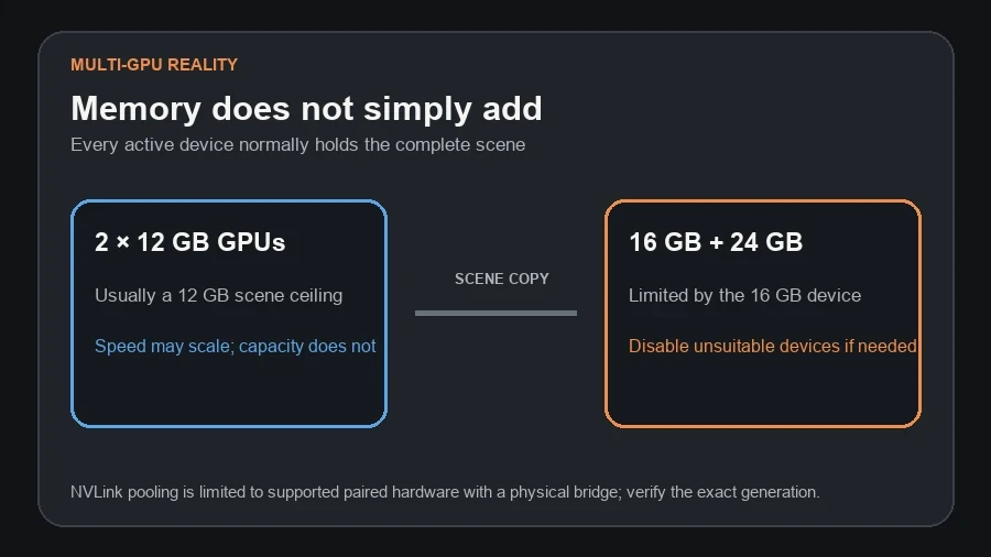 V-Ray multi-GPU memory behavior showing that VRAM normally does not add and the smallest active GPU sets the scene limit