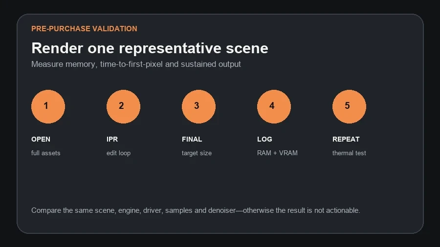 Five-step V-Ray workstation test covering scene opening, interactive rendering, final output, memory logging and sustained repetition