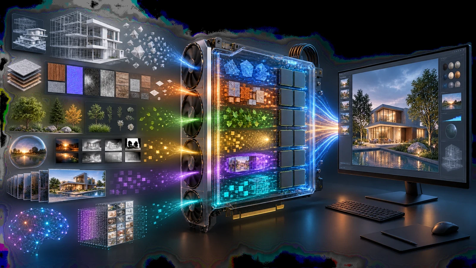 Diagram showing geometry, textures, vegetation, render buffers and AI models filling GPU VRAM