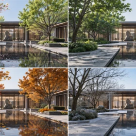 AI-assisted four-season architectural landscape visualization representing seasonal vegetation changes discussed in D5 Render 3.1.