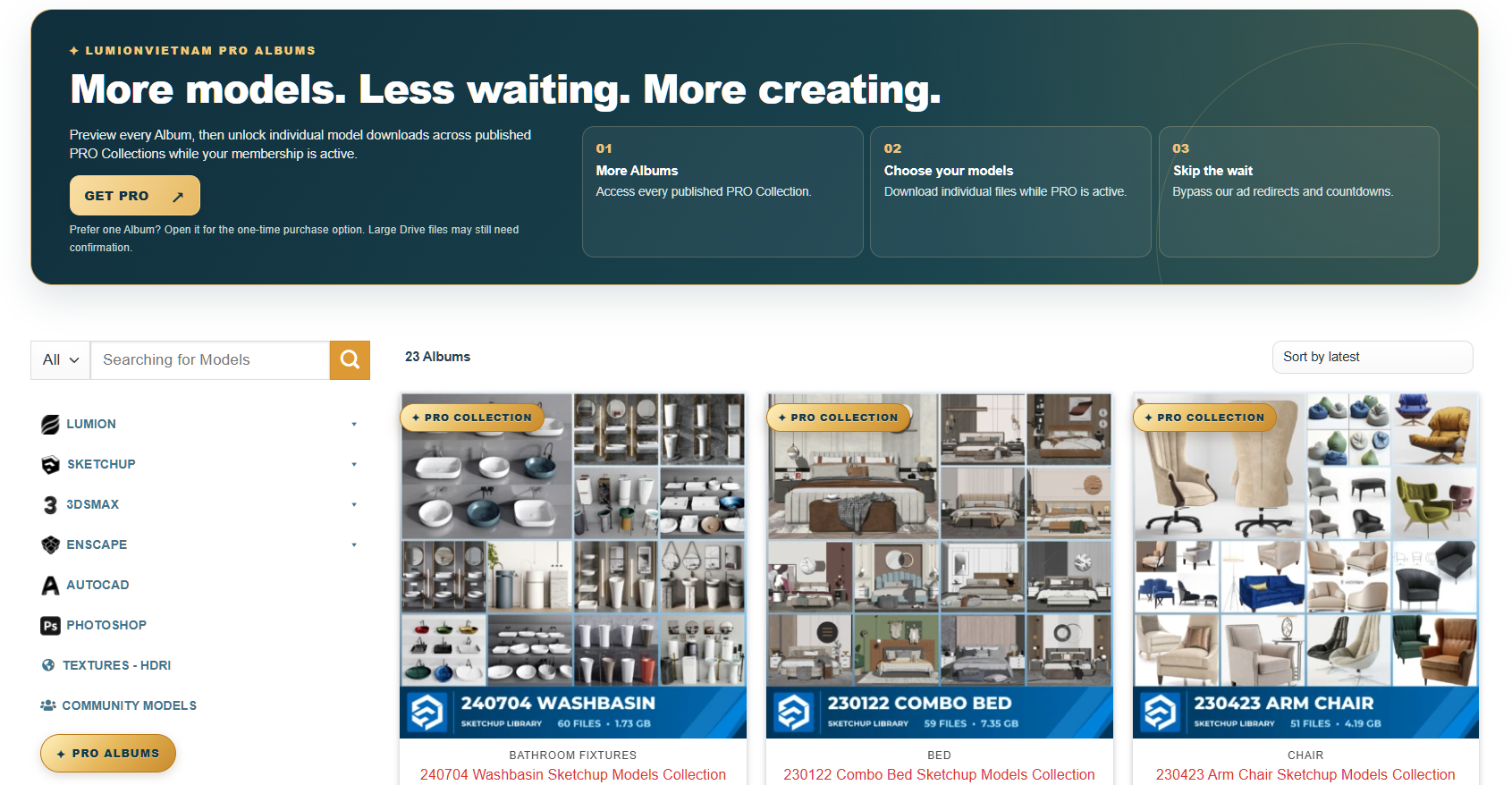 PRO Albums screenshot showing Washbasin, Combo Bed and Arm Chair Collection covers