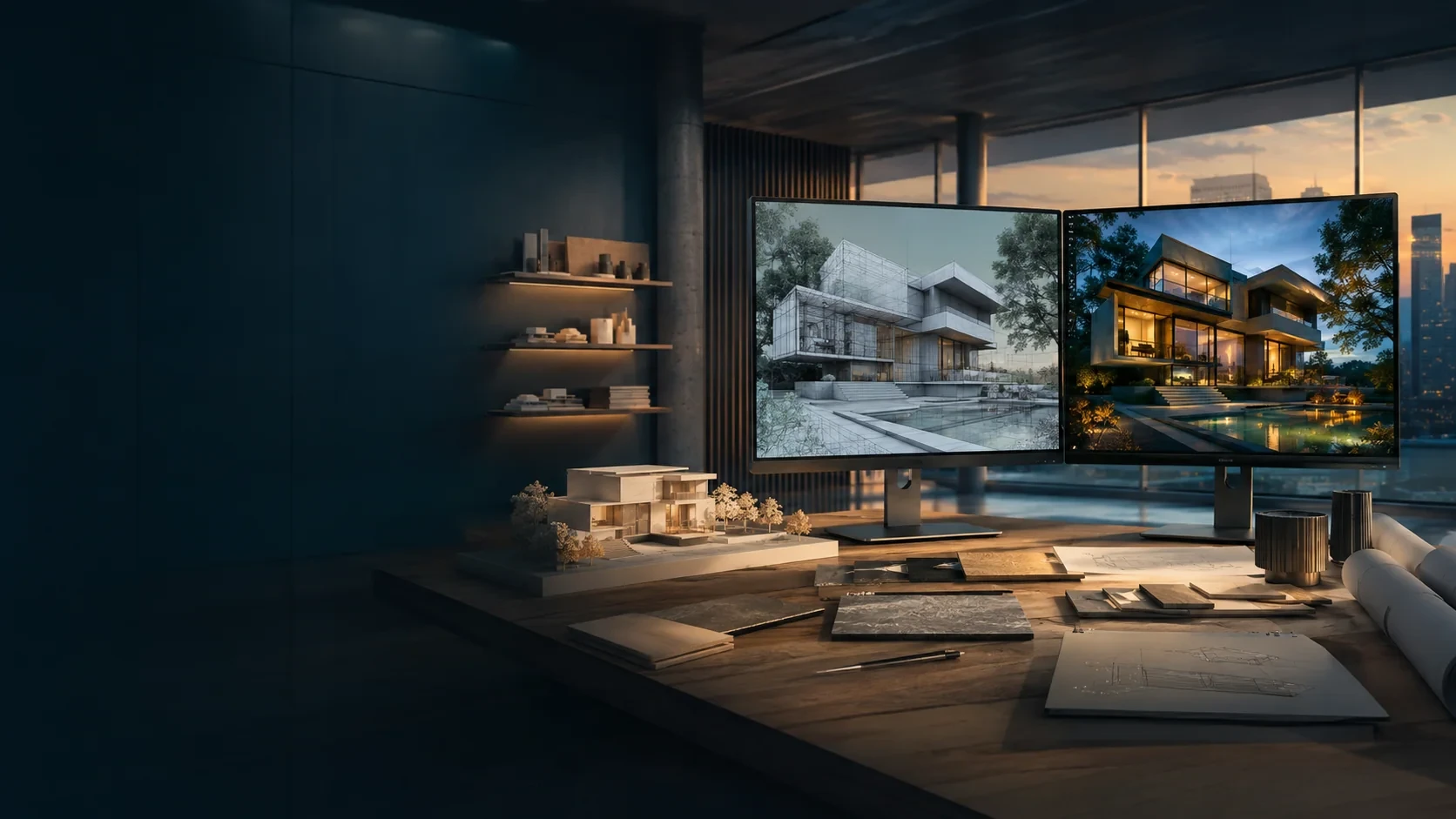 Architectural visualization studio showing a 3D house model and finished render