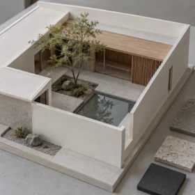 AI-assisted original LumionVietnam editorial artwork showing a contemporary courtyard study model, reflecting pool and material samples. Illustrative cover, not a real project or software screenshot.