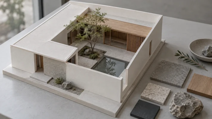 AI-assisted original LumionVietnam editorial artwork showing a contemporary courtyard study model, reflecting pool and material samples. Illustrative cover, not a real project or software screenshot.