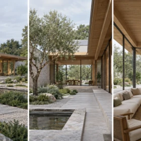 AI-assisted editorial triptych of one architectural pavilion shown in three camera views for a SketchUp Scenes workflow.