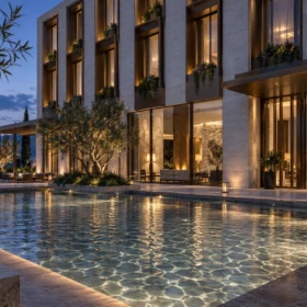 AI-assisted architectural visualization of a V-Ray 7 Update 3 hotel courtyard at blue hour with subtle pool caustics and illuminated interiors.