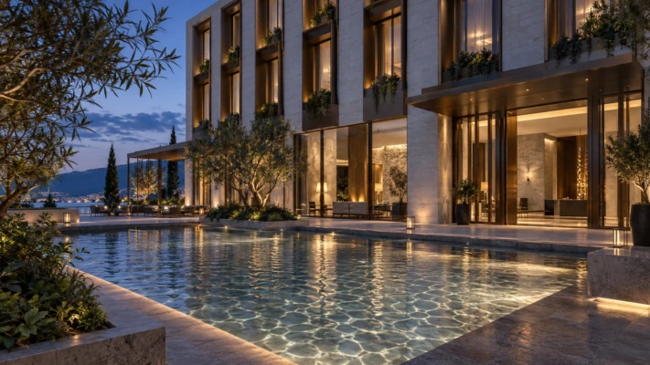 AI-assisted architectural visualization of a V-Ray 7 Update 3 hotel courtyard at blue hour with subtle pool caustics and illuminated interiors.